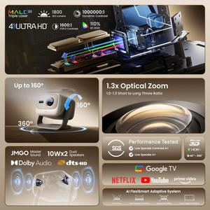 Proyector Láser Triple 4K JMGO N3 con Google TV, 1800 ISO Lúmenes, Zoom Óptico 1.3x, Proyector de Cine en Casa 4K UHD - Product Image 3