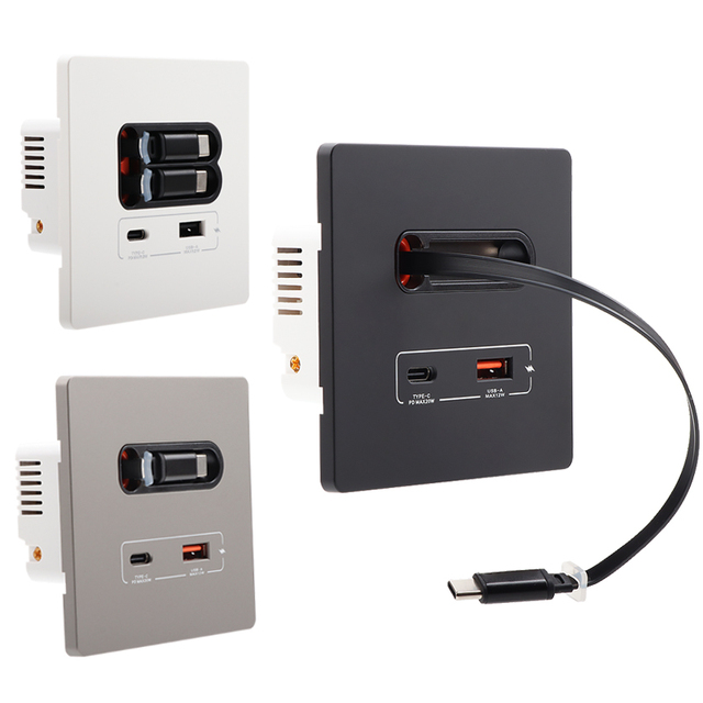 20W Multifunctional Power Wall Panel USB Type-C Fast Charging USB Socket with USB C Lightning Expansion Cable for Mobile Phone