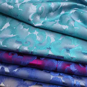 Chinese Traditional Manufacture Jacquard Leaves Shiny Blue Brocade Fabric for Men Women Kimono Clothing