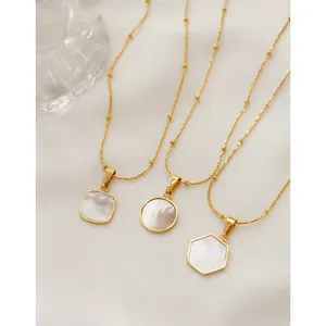 3 Designs Beads Chain Natural Shell Necklace Hexagon Square Circle Gold Necklaces Plain Boho Minimalist Stainless Steel Jewelry