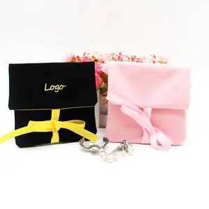 Custom Design Pink Mini Flap Envelope Velvet Jewelry Storage Pouches Bag with Ribbon