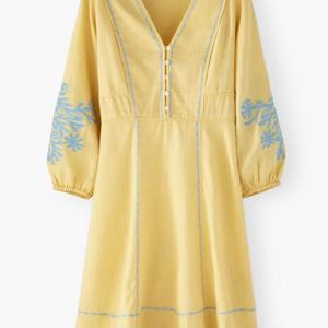 Nuevos Vestidos de Lino para Mujer, Moda de Verano, Elegantes, Cuello en V, Cintura Alta, Mini Vestidos Casuales de Algodón con Bordado para Dama - Product Image 3