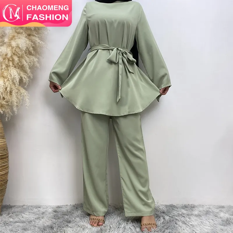 2272 # Warna Solid Set Kantor Populer Blus Lengan Panjang Longgar Celana Lebar Kaki 2 Buah Set Abaya untuk Wanita Muslim 5 Warna