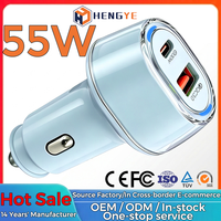 OEM ODM 55W Pengisi Daya Mobil Dual Port Tipe C + USB a PD QC3.0 Pengisian Cepat Warna-warni untuk Pemantik Rokok