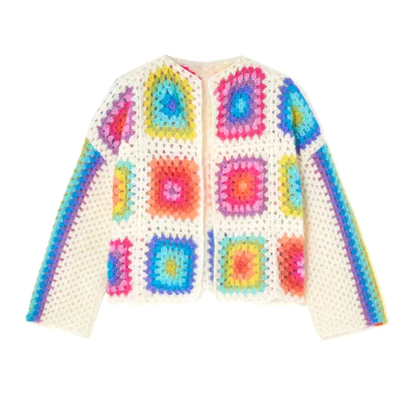 2023 OEM Spring Custom Long Sleeve Short Handmade Crochet Mohair Blend Top Knitted Cardigan Women Sweater