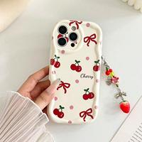 Coque de téléphone portable INS avec motif nœud cerise et chaîne pour iPhone 16 15 17 18 Pro Max, motif crème, coque arrière