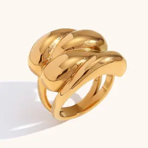 Gotas de agua de gran venta, anillo de cúpula entrecruzado de ondas, acero inoxidable chapado en oro de 18 quilates, anillo de moda y lujoso
