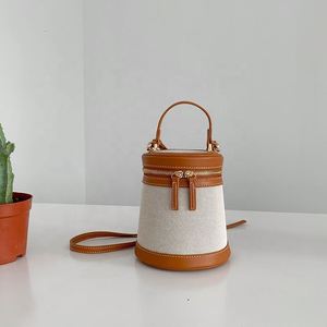 Customized LOGO Canvas Splicing PU Leather <b>Handbag</b> High Quality Fabric Tote Bag Crossbody Fashion Cylinder Bucket Bag - Product Image 2