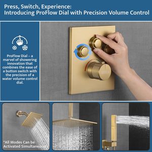 Système <span class=keywords><strong>de</strong></span> douche thermostatique ZHIYAN en laiton doré brossé avec bouton poussoir, mitigeur 2-en-1, pommeau <span class=keywords><strong>de</strong></span> douche mural et plafonnier <span class=keywords><strong>de</strong></span> 12 pouces - Product Image 5