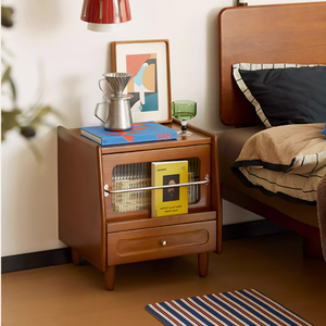 Table de chevet en bois massif de style vintage avec tiroir de rangement et porte en verre pour chambre à coucher - Product Image 5