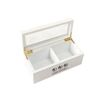 Personnalisé mat finition laque blanche 2 compartiment boîte à thé en bois avec couvercle en verre