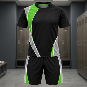 Ensemble de vêtements de sport pour hommes personnalisé, noir et vert, t-shirt à manches courtes, shorts, uniforme d'équipe d'entraînement - Product Image 5