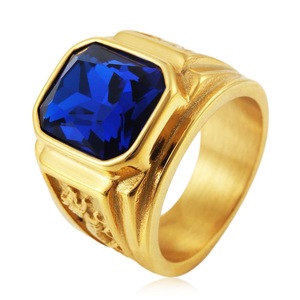 yunnique Men's Gold Tone Blue Stone <b>Ring</b> Geometric Design Bezel Setting Gift Jewelry - Product Image 1