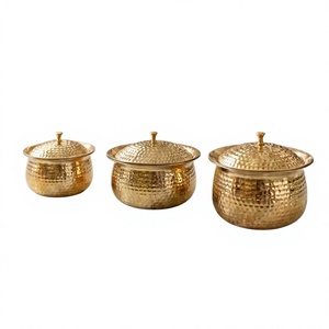 3 Pieces Hammered Brass Biryani Handi Round Shape Biryani <b>Cookware</b> Pot For Kitchen Stovetop Cooking Handi With Lid - Product Image 1
