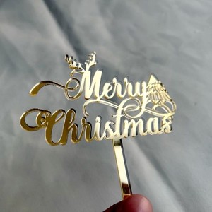 Decorazioni Natalizie Ychon, Topper per Torta in Acrilico '<span class=keywords><strong>Buon</strong></span> Natale' con Babbo Natale e Corna di Renna Dorate per Feste - Product Image 6