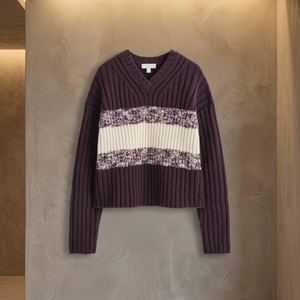 เสื้อสเวตเตอร์ไหมพรมคอวี แขนยาว ลายทางสีตัดต่อ ทรงหลวม สั้น  สำหรับผู้หญิง  รับสกรีนโลโก้ - Product Image 4