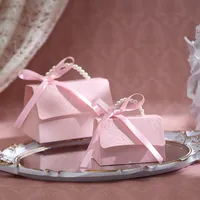 Petite boîte cadeau rose en forme de sac à main, recyclable, auto-élevable, avec poignée perlée, motif floral gaufré, pour mariage, fête prénatale, en papier