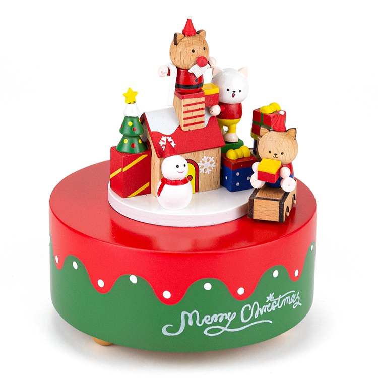 Boîte à musique ronde de Noël en bois avec motif animalier