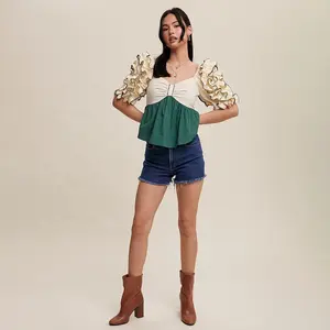 Summer Wear Smocking Back Design Short Length Ruffles Shoulder Puff Sleeves Tops Blouse Women