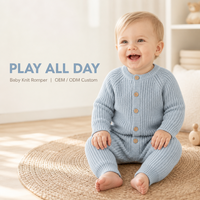 Combinaison pour bébé en coton tricoté bleu ciel à manches longues, col rond raglan, boutons en bois, barboteuse côtelée pour nouveau-né, OEM ODM personnalisé