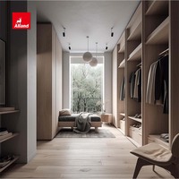 Armoire moderne Alland avec éclairage LED, style dalle en placage de noyer, en bois massif