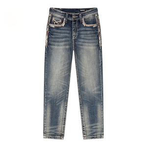 Stock Men’s Heavy Stitch <b>Embroidered</b> Straight Leg Denim <b>Jeans</b> Vintage Enzyme Washed <b>jeans</b> for men - Product Image 1