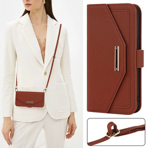 Étui de téléphone à rabat en cuir PU avec bandoulière, porte-cartes, miroir et protection intégrale - Product Image 3