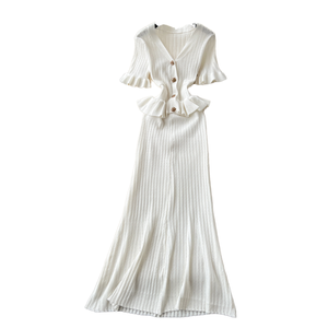 Venta al por Mayor de Boutique, Nuevo Estilo Verano 2025, Elegante, Sólido, Transpirable, Cintura Ajustada, Cuello en V, Manga Corta, Tejido de Punto, Corte en A, para Mujer - Product Image 1