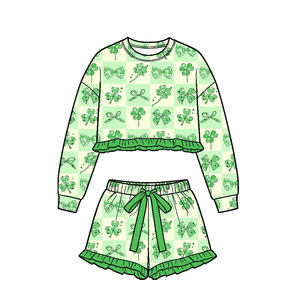 Preorder Kids Girls St. Patrick's Day Print Long Sleeve Top Ruffle Shorts 2Pcs Set Boutique Casual Outfits for Spring - Product Image 6