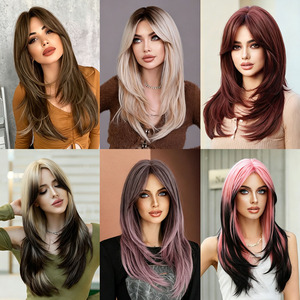 Pelucas sintéticas largas y lisas <span class=keywords><strong>de</strong></span> alta calidad al por mayor para mujer, con flequillo cortina que marcan el rostro, pelucas <span class=keywords><strong>de</strong></span> cabello completo <span class=keywords><strong>natural</strong></span>. - Product Image 2