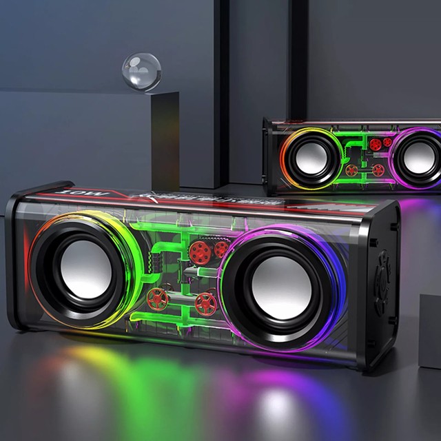 Unique Transparent Mecha Design Dual Speakers 10W RGB Light Wireless Subwoofer V8 Transparent Music Speaker