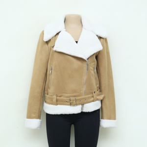 Giacca da donna con collo in peluche reversibile in finta pelle Bomber invernale con dettagli a cerniera con risvolto in tinta unita pelle sintetica in pelle sintetica - Product Image 1