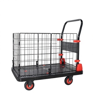 Chariot pliable en acier grillagé à quatre roues avec poignée rouge, chariot de courses silencieux à roulettes, conception de cage à plateau plat - Product Image 1