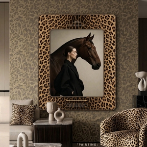 Lussuoso Quadro 3D con Texture in Pelle 80x100cm, Doppia Cornice, Arte Murale con Nobile Stallione, Decorazione Equestre per la Casa, Stile Heritage Manor - Product Image 1
