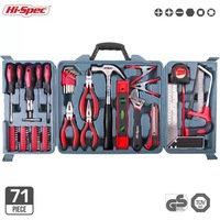 Ensemble d'outils ménagers en acier et plastique de 71 pièces avec pinces multifonctions, marteau à griffes, tournevis, taraudeur dans une boîte à outils en plastique