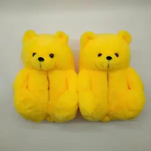 Femme ours en peluche pantoufles hiver chaud en peluche maison chaussures intérieur tongs drôle dessin animé ours pantoufles doux anti-dérapant chaussures