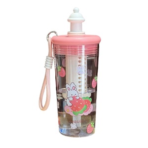 Bouteille d'<span class=keywords><strong>eau</strong></span> <span class=keywords><strong>portable</strong></span> en plastique sans BPA de 600 ml pour filles, avec paille et infuseur, motif dessin animé - Product Image 5