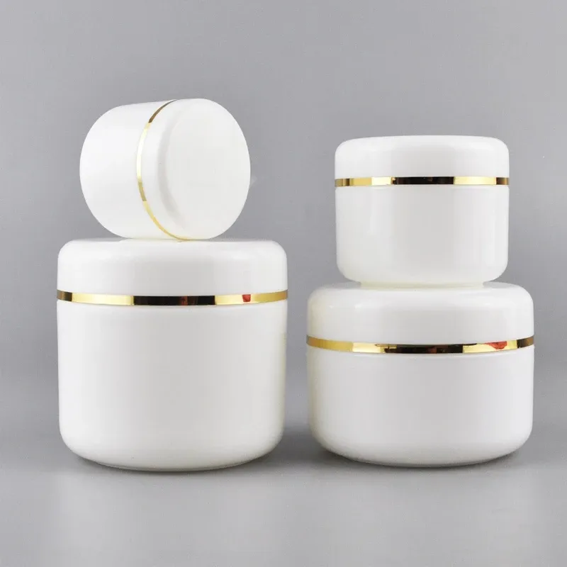 White pp luxury cosmetic white 50g 100g 250g PP plastic cream jar hair pomade container with gold line for skin care cream