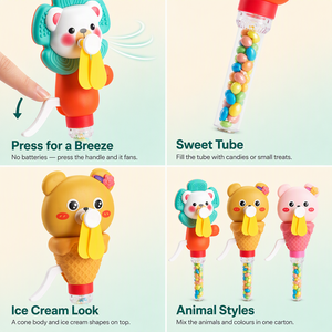 Ventaglio a pressione manuale per bambine, con design simpatico orsetto e coniglietto, con caramelle, ideale come bomboniera per feste e regalo estivo per bambini - Product Image 4