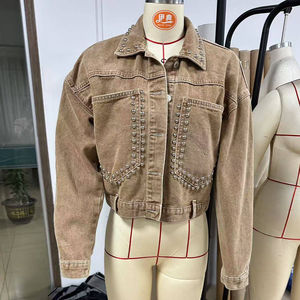 Giacca di Jeans Casual Primaverile Channel 2026, Blu Kaki Lavato, Corta, per Donne, Maniche Lunghe, con Borchie e Tasche - Product Image 5