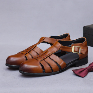 Summer Baotou flip-flops, retro <b>matte</b> leather, genuine leather flip-flops with buckle, men's slip-on shoes - Product Image 2