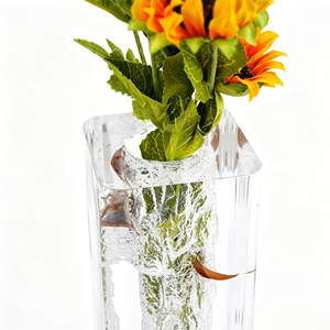 Jarrón Moderno de Estilo Nórdico con Cristal Transparente y Acabado Brillante, Hecho a Mano, con Esquinas Redondeadas, Textura de Piedra Interna con Diseño de Hojas, NB-VSY05 High Tr - Product Image 2