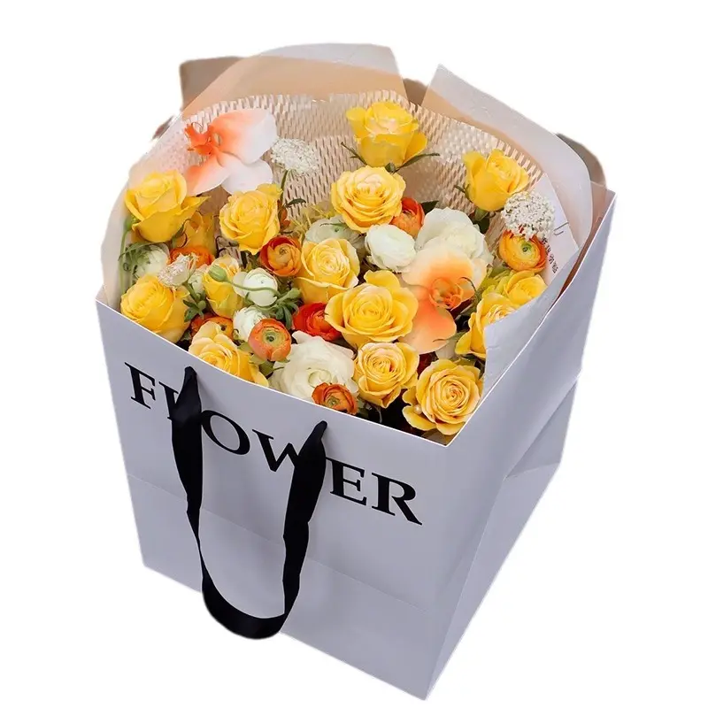 Square Size Logo Printing Flower Bouquet Packaging Paper Bags Holiday Gift Flower Paper Bag With Ribbon Handle