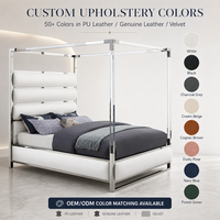 Lit à baldaquin de luxe en acrylique transparent avec cadre en acier inoxydable durable et tête de lit rembourrée en cuir, disponible en tailles Queen et King