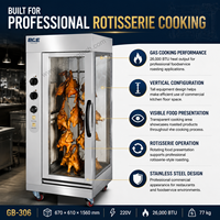 Rôtissoire à poulet commerciale en acier inoxydable, certifiée CE, fabricant chinois, 306 220V GPL et gaz naturel