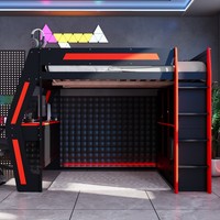 Lit mezzanine de jeu moderne pleine grandeur avec bureau intégré, lumières LED RGB intelligentes, ports USB, 6 compartiments de rangement, 6 tiroirs et escalier de sécurité