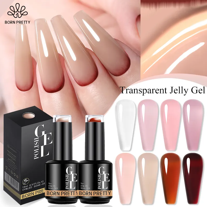 Geboren Mooi Custom Logo 15Ml Nude Jelly Color Veganistische Gel Nagellak Melkachtig Wit Doorschijnend Kristal Transparante Gel Nail Art Lak