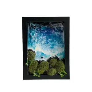 Siyah çerçeveli 3D mavi reçine okyanus Moss, kıyı, siyah kayalar ve kum | Kıyı plaj manzara | Gerçekçi plaj sahne, Oce