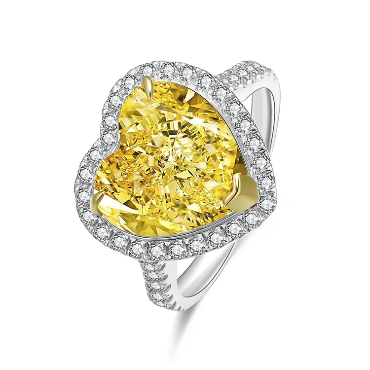 Anster 925 실버 쥬얼리 5.0ct 멋진 노란색 시뮬레이션 심장 모양 다이아몬드 반지 여성 남성 스파클링 패션 신부 반지