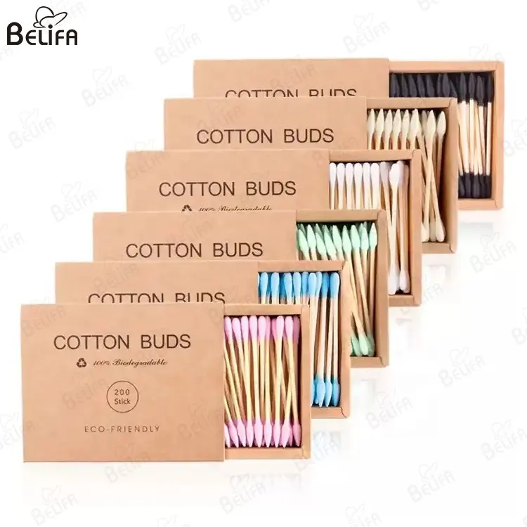 Kustom oem ramah lingkungan biodegradable 200 buah/kotak q tips busa tongkat pembersih kepala ganda bambu organik kayu kapas penyeka